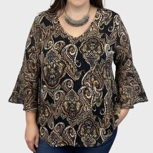 A. Byer Black and Gold Paisley Lace Back Blouse Large